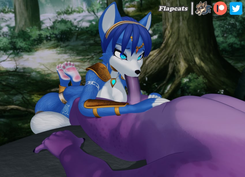 3d 3d_(artwork) 4_toes animal_humanoid anthro anthro_on_anthro armor blue_body blue_fur blue_hair canid canine canis clothed clothing digital_media_(artwork) duo erection feet fellatio female flapcats forest fox fur genitals hair hi_res humanoid jewelry krystal lizard looking_up male male/female mammal nintendo oral partially_clothed paws penile penis plant purple_body raised_foot reptile reptile_humanoid scalie scalie_humanoid sex sharpclaw star_fox tail_jewelry tail_ring toes tree video_games white_body white_fur