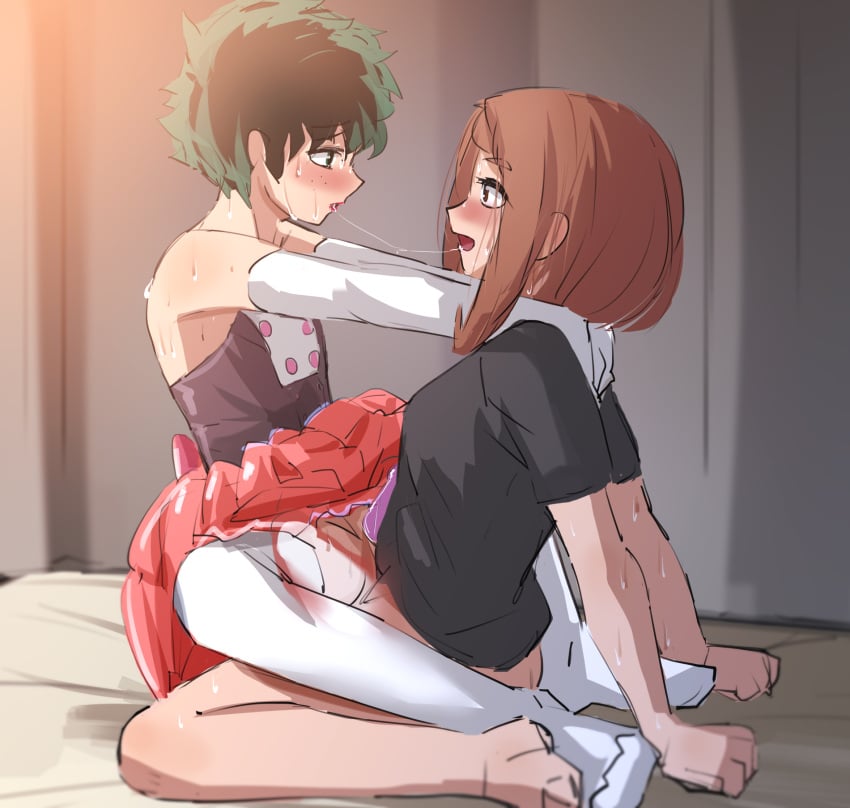 1boy 1futa after_kiss anal big_penis blush bottomless breasts clothed clothing condom condom_on_penis crossdressing duo elbow_gloves erect_while_forced femboy futa_is_bigger futa_on_male futanari gloves human izuku_midoriya light-skinned_futanari makeup male my_hero_academia ochako_uraraka pale_skin partially_clothed penis penis_size_difference raitaroo saliva_string sex small_penis straddling thighhighs trap wholesome