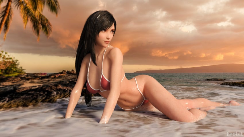 3d beach bikini erobit female final_fantasy final_fantasy_vii final_fantasy_vii_remake long_hair outdoors red_eyes solo solo_female square_enix tifa_lockhart underwear wet wet_body wet_clothes wet_hair wet_skin