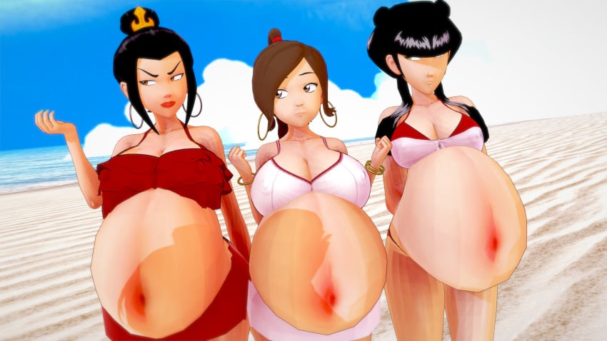 3d 3girls avatar_the_last_airbender azula beach belly big_belly big_breasts bikini black_hair breasts brown_hair busty_(artist) cleavage female female_only large_breasts mai_(avatar) multiple_girls multiple_pregnancies nipple_bulge pregnant swimsuit ty_lee