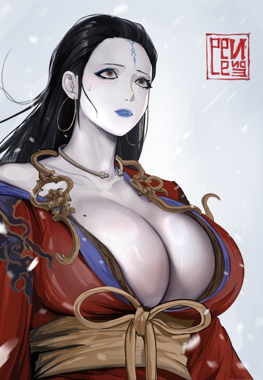 1girls big_breasts black_hair black_myth:_wukong blue_lipstick breast_veins busty chinese_mythology cleavage dark_hair dragon_girl earrings face_markings female huge_breasts journey_to_the_west kang-jin_loong kang-jin_star large_breasts mythology noneline pale-skinned_female pale_skin revealing_clothes veins_on_breasts