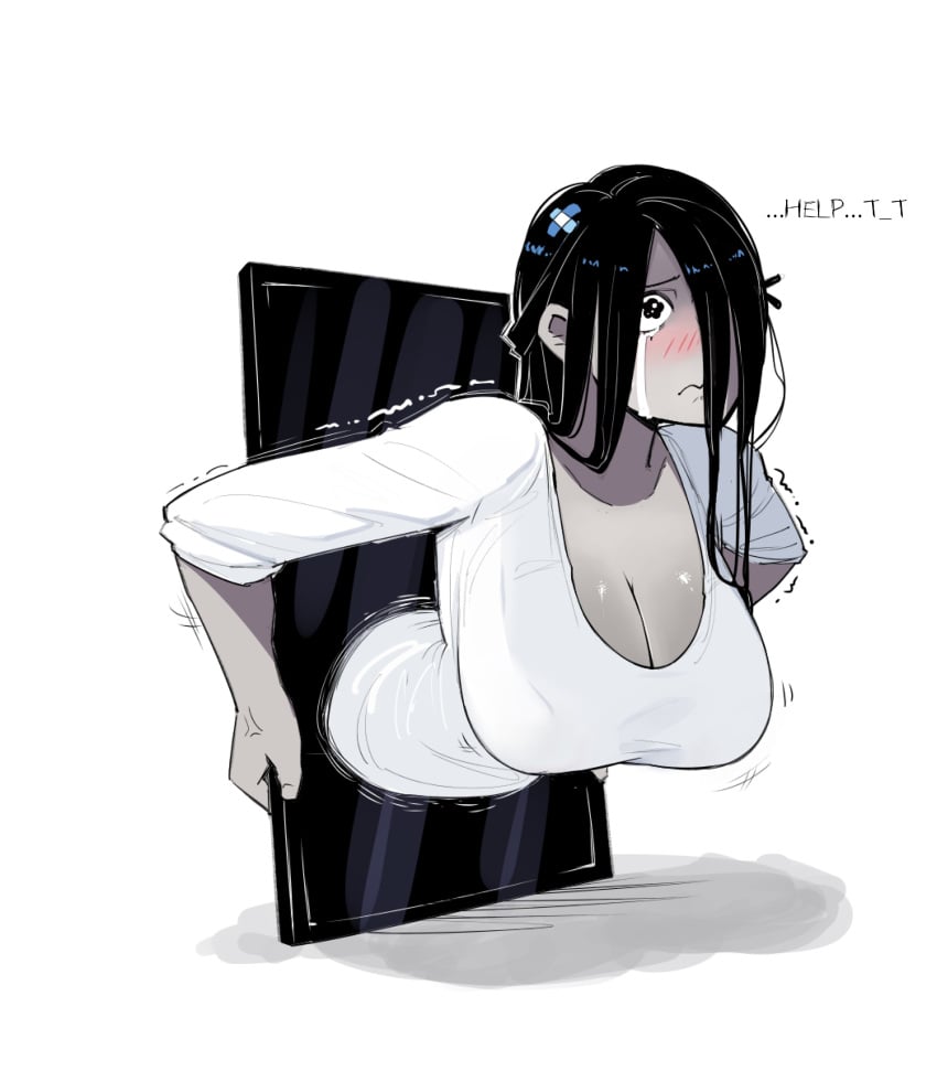 artist_request big_breasts black_hair blush breasts crying english_text grey_body grey_skin sad sadako_yamamura stuck tablet the_ring white_background yamamura_sadako