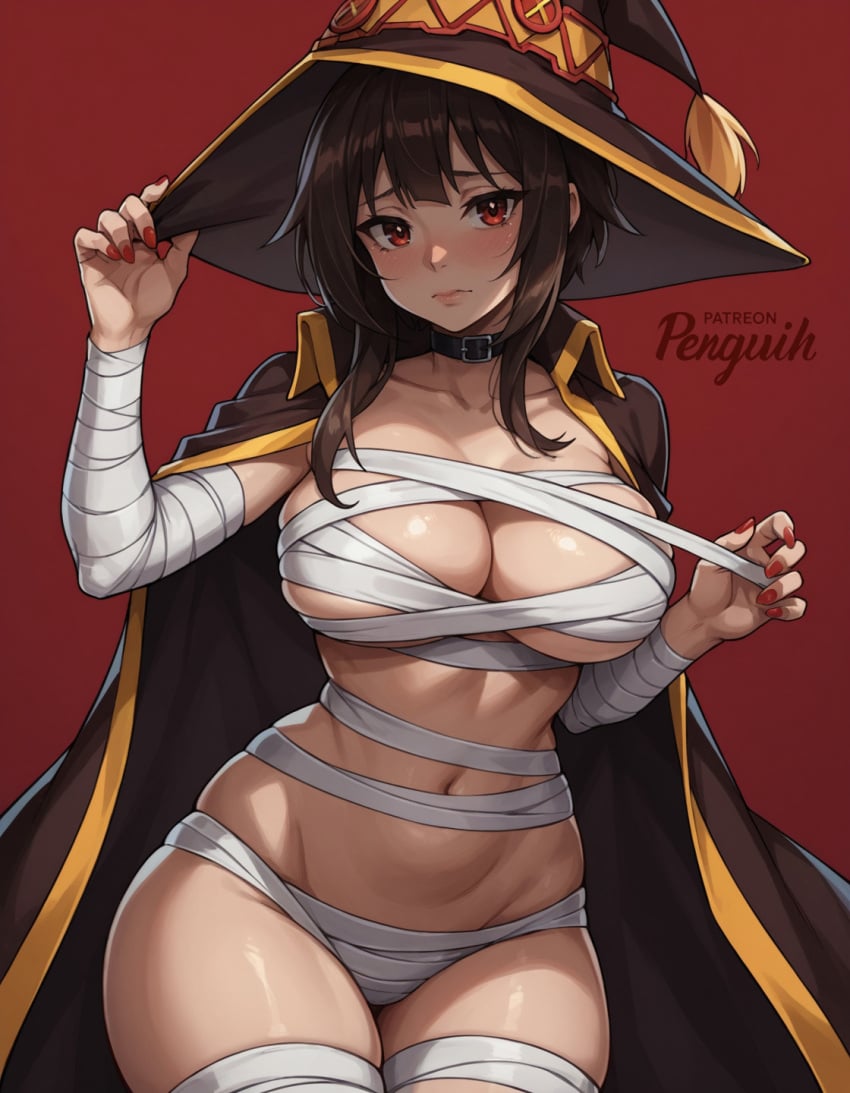 1girls adult_version ai_generated alternate_breast_size anime artist_name bandaged_arm bandaged_leg bandages big_breasts bimbo black_cape black_choker black_headwear blush bondage breasts brown_cape brown_hair brown_headwear cape chest_sarashi choker cleavage closed_mouth collar collarbone cosplay cowboy_shot female grown_up halloween_costume hat kono_subarashii_sekai_ni_shukufuku_wo! large_breasts looking_at_viewer megumin mummy mummy_costume nail_polish naked_bandage navel patreon_username penguih red_background red_eyes red_nails sarashi short_hair short_hair_with_long_locks shy sidelocks simple_background skindentation solo stomach thighs wide_hips witch_hat wrapped