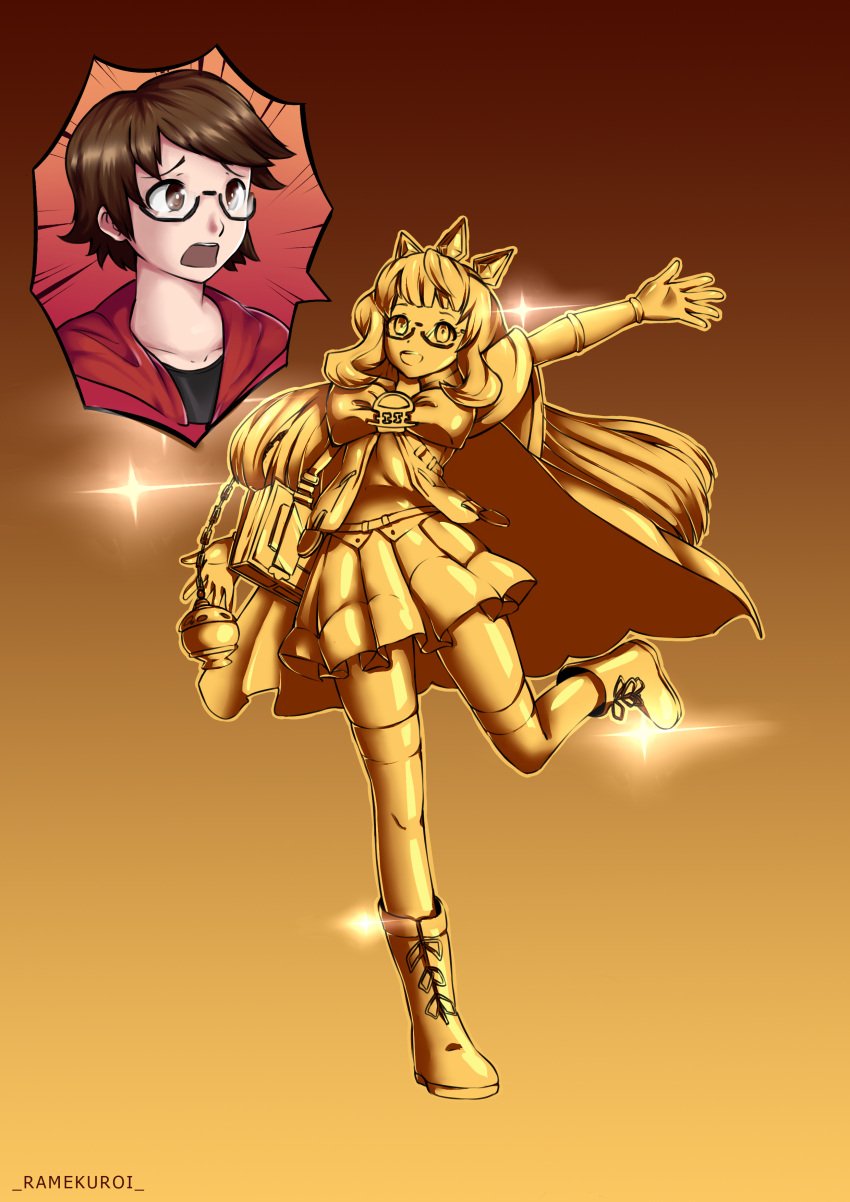 aurification cagliostro_(granblue_fantasy) female forced_posing glasses gold gold_(metal) granblue_fantasy inanimate_transformation original_character petrification shiny_skin transformation