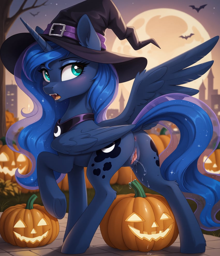 ai_generated alicorn blue_body blue_eyes blue_fur equid equine female feral friendship_is_magic fur furry hair halloween hasbro holidays horse long_hair my_little_pony pony princess_luna_(mlp) pumpkin pussy pussy_juice