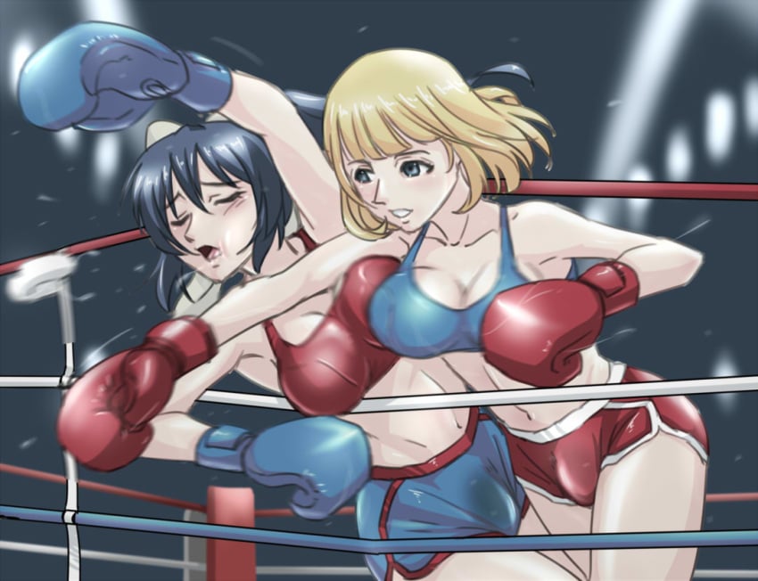 2girls blonde_hair blue_boxing_gloves blue_eyes blue_gloves blue_shorts blue_sports_bra boxing boxing_gloves boxing_ring breasts buruma catfight cleavage closed_eyes curvy duo female female_only fight fighting_ring gloves light-skinned_female light_skin mouth_guard mouthguard multiple_girls navy_blue_hair original original_characters pale-skinned_female pale_skin punching red_boxing_gloves red_gloves red_shorts red_sports_bra sports_bra sweat thick_thighs thighs tom-fembox underwear