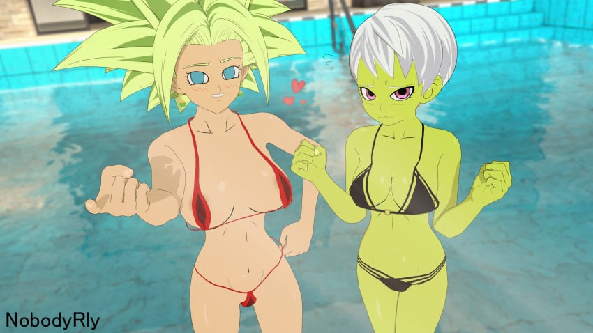 2girls 3d beckoning bikini cheelai dragon_ball dragon_ball_fighterz dragon_ball_super kefla looking_at_viewer nobodyrly_(artist) posing pov sfm swimsuit tagme