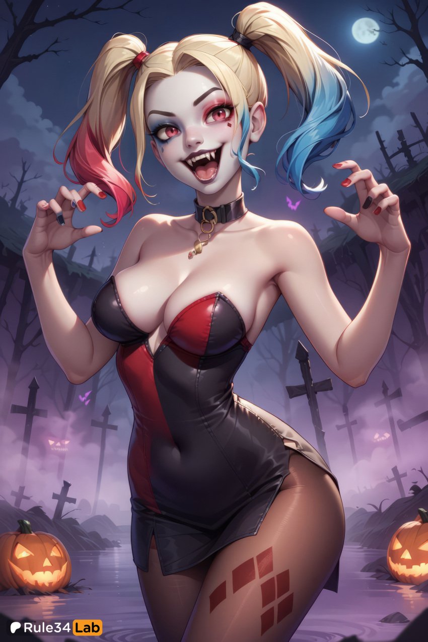 1girls ai_generated artist_name bare_shoulders bare_tree black_choker black_dress blonde_hair blue_hair breasts choker claw_pose cleavage collarbone covered_navel cowboy_shot cross dc dc_comics dress eyeshadow facial_mark fangs full_moon gradient_hair graveyard halloween harley_quinn harley_quinn_(series) hi_res jack-o'-lantern large_breasts long_hair looking_at_viewer makeup medium_breasts moon multicolored_hair nail_polish night night_sky open_mouth outdoors pantyhose patreon_username pumpkin red_eyes red_hair red_nails rule34lab runny_makeup sky smile solo strapless strapless_dress teeth tombstone tongue tree twintails