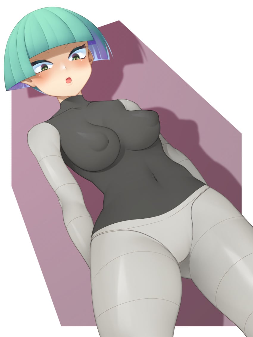 1girls :o alternate_breast_size arms_behind_back bangs blunt_bangs blush bodysuit breasts commentary_request covered_collarbone covered_erect_nipples covered_navel creatures_(company) eyelashes female female_galactic_grunt female_only female_team_galactic_grunt galactic_grunt game_freak green_eyes green_hair grey_bodysuit highres human looking_down nintendo open_mouth png pokemon pokemon_(game) pokemon_dppt short_hair skin_tight solo teal_hair team_galactic team_galactic_grunt team_galactic_grunt_(female) tongue yashima105