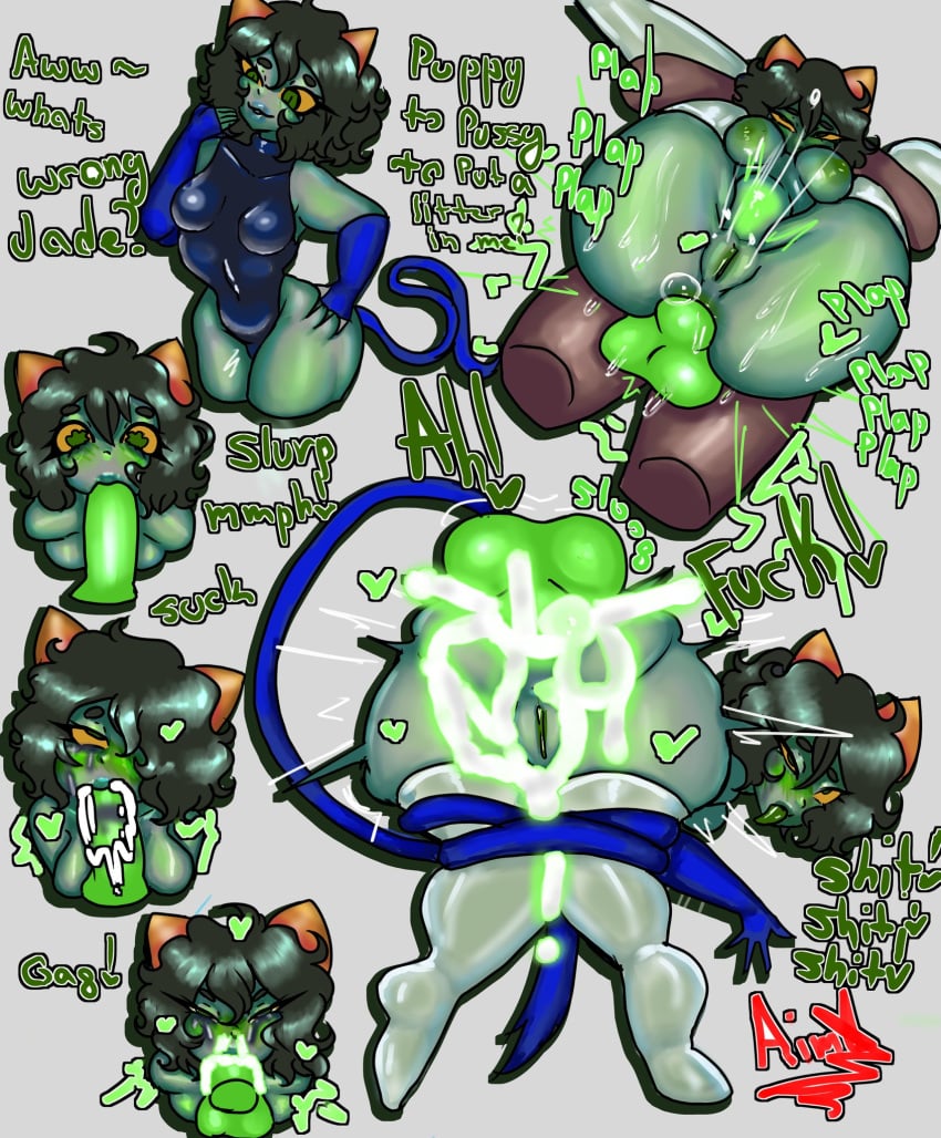 1futa 1girls aimless alien alien_humanoid black_hair black_hair_female blowjob blush cat_tail color colored colored_skin cum cum_in_ass cum_in_mouth dialogue dickgirl female full_nelson futa_on_female futanari green_skin green_skinned_female grey_skin homestuck homestuck_troll horn horns humanoid instant_loss intersex jade_harley leotard moaning moaning_in_pleasure mostly_nude mostly_nude_female nepeta_leijon onomatopoeia oral plap_(sound) stockings text thigh_highs thighhighs tongue_out troll