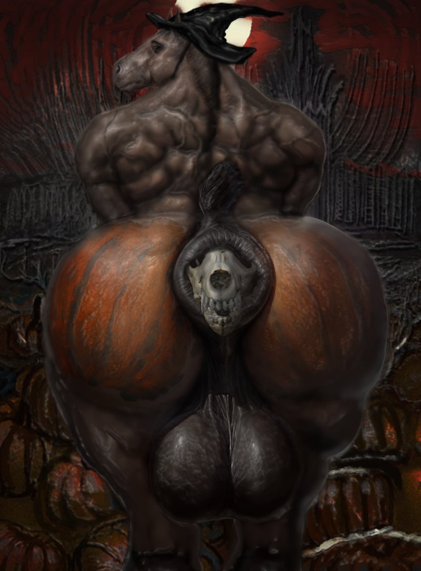 absurd_res animal_genitalia anthro anus ass big_butt bone equid equine equine_anus equine_genitalia genitals hi_res hohohonse horse looking_at_viewer male male/male mammal muscular muscular_male muscular_thighs presenting presenting_anus skull solo vore