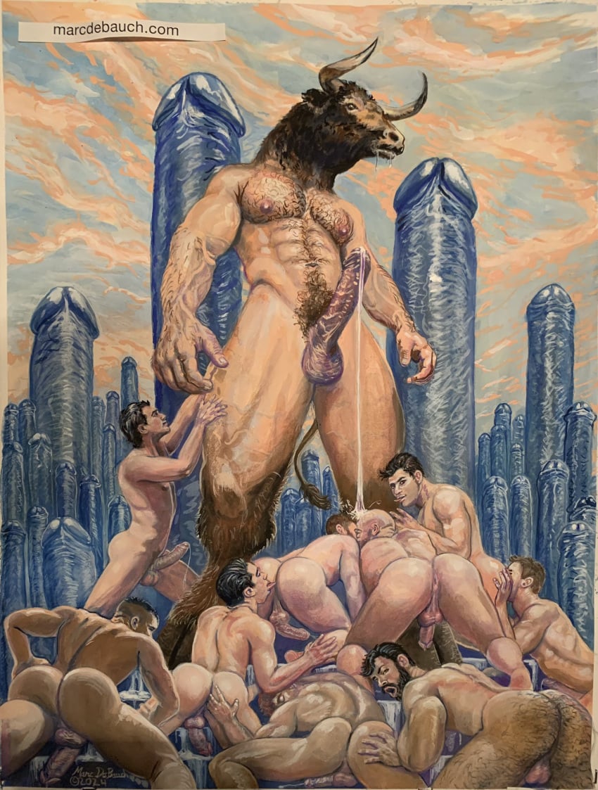 2024 all_fours anal anthro artist_name balls big_penis bodily_fluids body_hair bovid bovine chest_hair closed_eyes cloud cum cum_drip dripping drooling ejaculation erection european_mythology genital_fluids genitals greek_mythology group group_sex hairy hand_on_butt hi_res huge_cock human male male/male mammal marc_debauch minotaur mythology nipples nude open_mouth oral orgy penis pubes rimming saliva sex text url