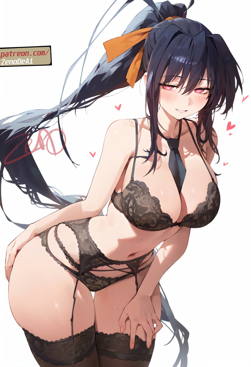 ai_generated akeno_himejima ass_visible_through_thighs bare_arms bare_belly bare_shoulders belly_button big_breasts black_bra black_hair black_panties black_thighhighs blush bra breasts cleavage collarbone garter_belt garter_straps hair_ribbon hand_on_own_ass hand_on_own_thigh heart-shaped_pupils high_school_dxd lace-trimmed_bra lace-trimmed_panties lingerie long_hair necktie panties parted_lips ponytail red_eyes smile stockings thick_thighs thighhighs thighs underwear zenonde2nd zettai_ryouiki