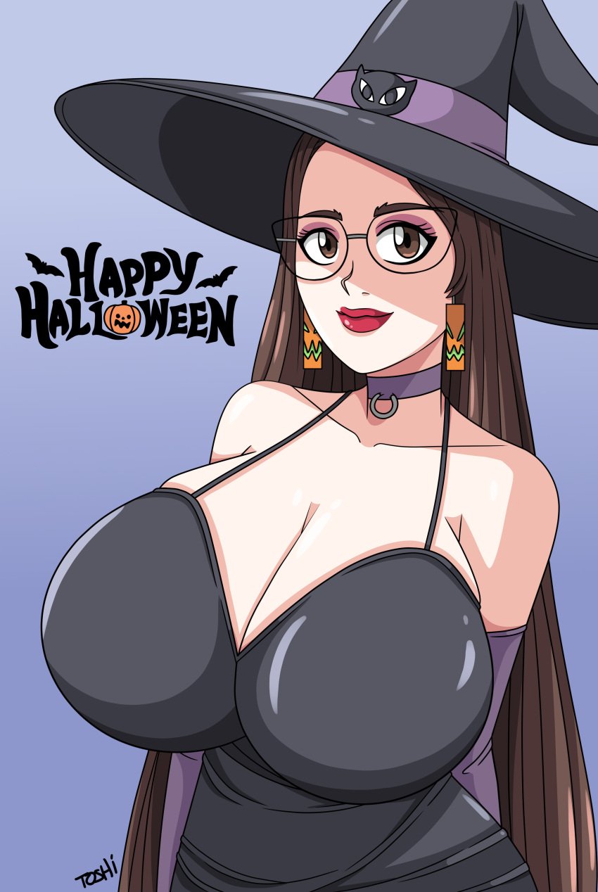 1girls 2024 big_breasts breasts brown_hair brunette_hair clothed dress female female_focus female_only glasses halloween halloween_costume happy_halloween huge_breasts large_breasts long_hair oc original_character tagme toshiso witch_hat