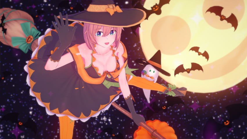 3d cleavage doki_doki_literature_club halloween halloween_costume human human_only light-skinned_female light_skin mashirosolera sayori_(doki_doki_literature_club) witch witch_costume witch_hat