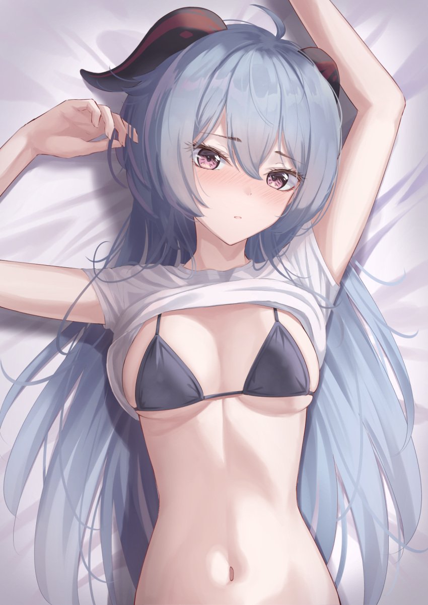 1girls absurd_res absurdres adeptus adult adult_female ahoge antenna_hair armpits arms_above_head arms_up bare_arms bare_belly bare_chest bare_hands bare_hips bare_midriff bare_navel bare_shoulders bare_skin bed bed_sheet belly belly_button big_breasts bikini bikini_top black_bikini black_bikini_top black_string_bikini black_swimsuit black_swimwear blue_eyebrows blue_hair blue_hair_female blush blush_face blush_lines blushed_face blushing blushing_at_viewer blushing_face blushing_female breasts cleavage collarbone dot_nose elbows embarrassed embarrassed_exposed_female embarrassed_expression embarrassed_female embarrassed_underwear_female exposed exposed_arms exposed_belly exposed_midriff exposed_shoulders eyebrows_visible_through_hair female female_focus female_only fingernails fingers ganyu_(genshin_impact) genshin_impact hair_between_eyes hands_above_head hands_up head_tilt high_resolution highres horns laying_down laying_on_back laying_on_bed lean_body lean_figure light-skinned_female long_hair looking_at_viewer looking_up looking_up_at_viewer marinesnow mature mature_female medium_breasts micro_bikini midriff narrow_waist navel on_back open_mouth parted_lips partially_clothed purple_eyes purple_eyes_female qilin revealing_clothes rn shirt shirt_aside shirt_lift shoulders simple_background slender_body slender_waist slim_girl slim_waist solo string_bikini swimsuit swimwear tagme thin_waist tilted_head topwear topwear_aside topwear_lift upper_body white_background white_bed white_bed_sheet white_shirt white_topwear