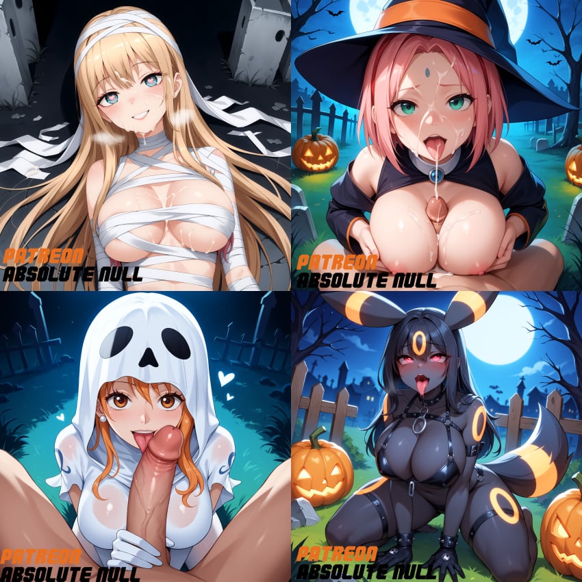 absolute_null ahe_gao ai_generated blacky_(pokemon) bukkake cum cum_on_breasts cum_on_face fellatio female furry graveyard halloween halloween_costume haruno_sakura heavy_breathing kitagawa_marin kneeling long_hair looking_at_viewer male mummy mummy_wrappings nami naruto night one_piece pokemon sakura_haruno umbreon