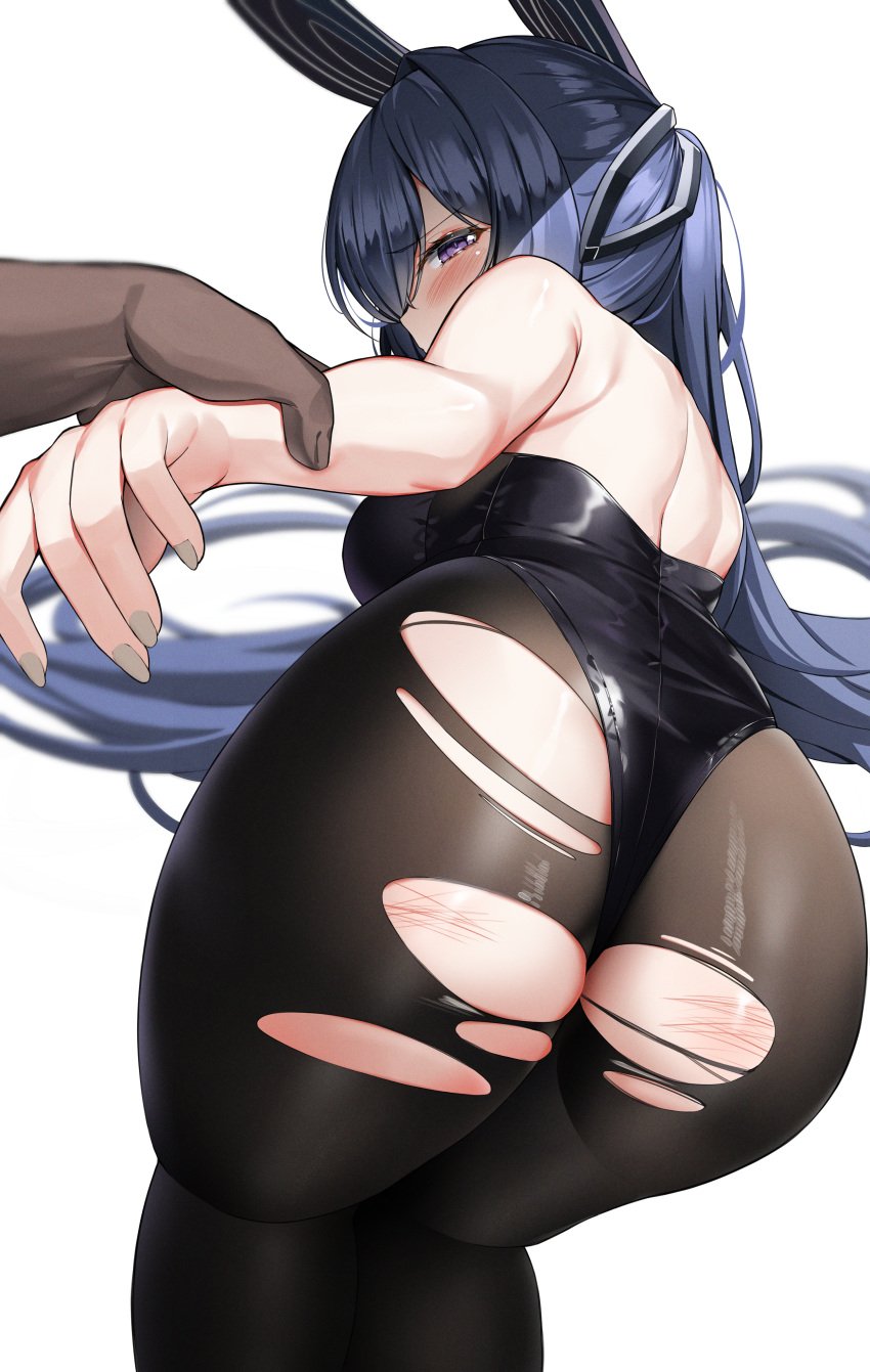 1boy 1girls 2021 absurdres animal_ears ass azur_lane bangs bare_arms bare_shoulders black_legwear black_leotard blue_hair blush dark-skinned_male dark_skin eyebrows_visible_through_hair female female_focus from_behind grey_nails highres huge_filesize kuse_(0201) leotard long_hair looking_at_viewer looking_back new_jersey_(azur_lane) new_jersey_(exhilarating_steps!)_(azur_lane) official_alternate_costume pantyhose playboy_bunny pov purple_eyes rabbit_ears simple_background solo_focus thighs torn_clothes torn_legwear white_background wrist_grab