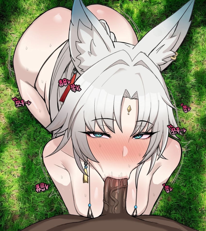 1girls blowjob chihel dark-skinned_male feixiao_(honkai:_star_rail) fellatio fox_ears green_eyes honkai:_star_rail interracial lewd white_hair