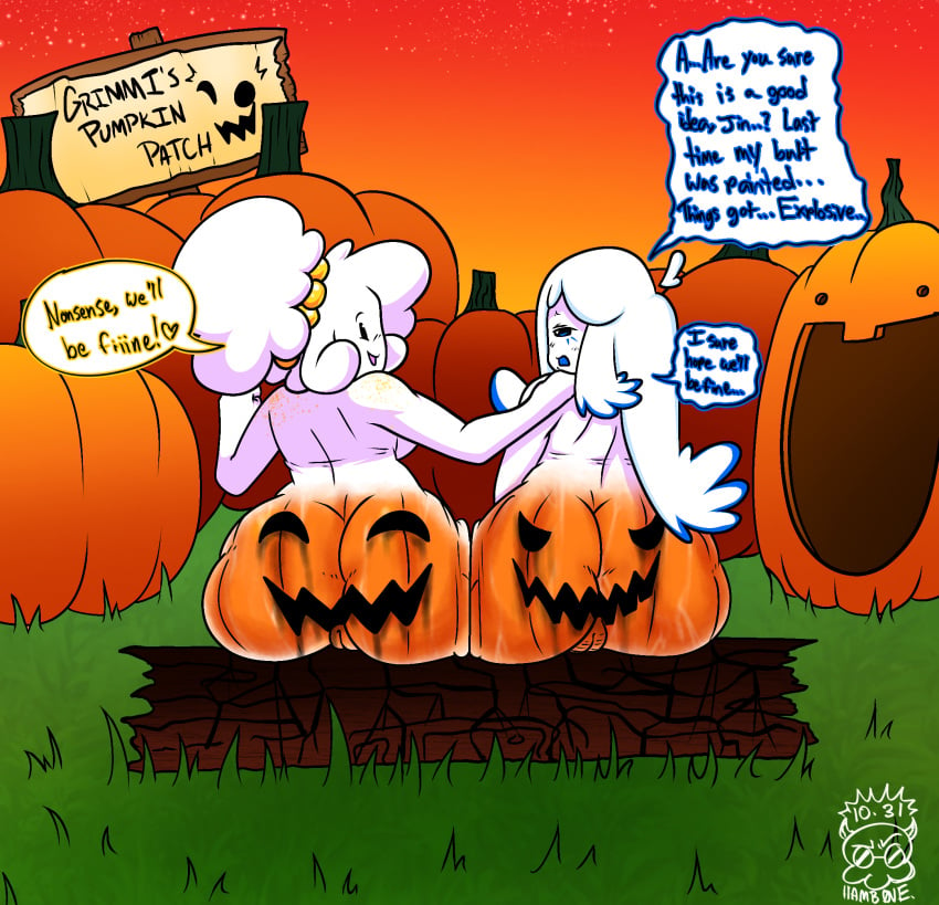 2d_(artwork) 2girls artist_signature ass ass_bigger_than_head ass_bigger_than_torso ass_focus ass_paint backboob background breasts caked_up chubby chubby_female female female_only freckles freckles_on_shoulders halloween hamb0ne heart_symbol jack-o'-lantern jin_(bigbeefboober) nude nude_female oc original_character outdoors pumpkin pumpkin_butt pumpkin_patch pussy sadie_(hamb0ne) shortstack sitting sitting_on_log text text_bubble thick thick_ass