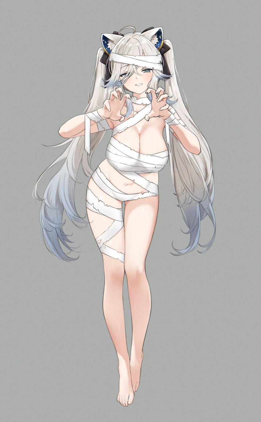 1girls artist_request big_breasts breasts cleavage female gray_hair halloween halloween_costume hololive hololive_japan large_breasts lion lion_ears lion_girl lion_tail lioness long_hair looking_at_viewer mostly_nude mummy mummy_costume mummy_wrappings revealing_clothes shishiro_botan skimpy skimpy_clothes solo thighs virtual_youtuber vtuber