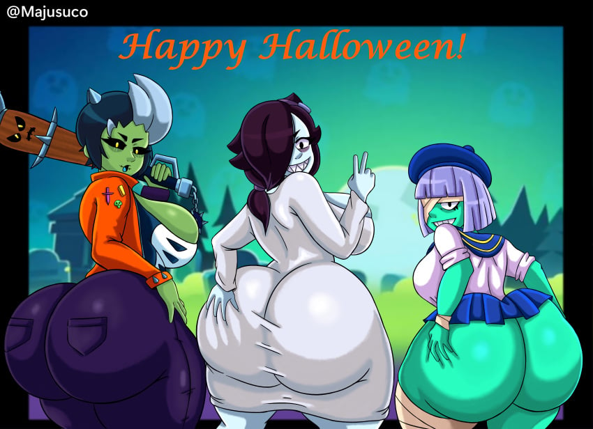 3girls ass ass_focus ass_grab bibi_(brawl_stars) big_ass big_breasts brawl_stars breasts bubble_ass bubble_butt colette_(brawl_stars) cuckoo_colette_(brawl_stars) dress halloween halloween_costume huge_ass huge_breasts majusuco penny_(brawl_stars) skirt trash_panda_penny zombibi_(brawl_stars)