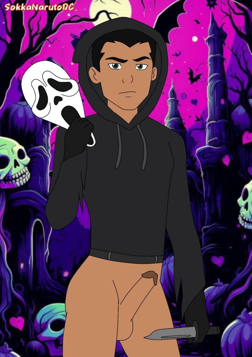 1boy balls black_hair damian_wayne damian_wayne_(dcamu) dc dc_comics erection gay ghostface_(cosplay) green_eyes hair halloween halloween_costume hoodie looking_at_viewer male male_only mask night nsfw penis robin_(damian_wayne) robin_(dc) short_hair sokkanarutodc solo solo_male weapon yaoi