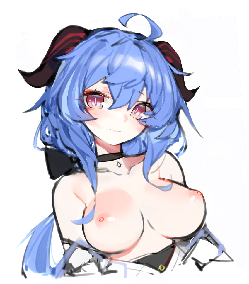 adeptus big_breasts blue_hair blush breasts choker error1980 ganyu_(genshin_impact) genshin_impact horns nipples perky_breasts purple_eyes qilin