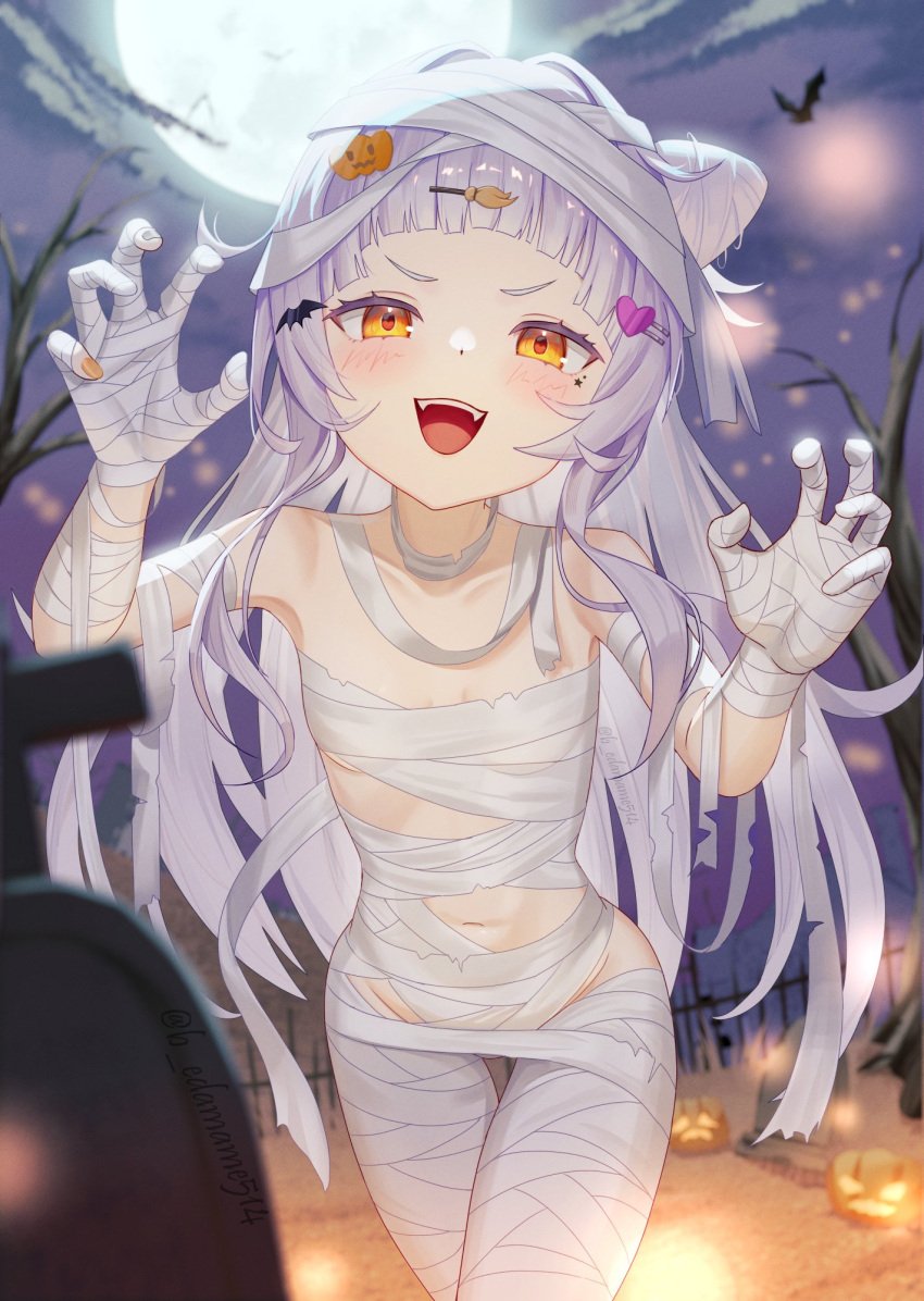 1girls artist_request breasts female flat_chest flat_chested halloween halloween_costume hololive hololive_gen_2 hololive_japan mummy mummy_costume mummy_wrappings murasaki_shion navel revealing_clothes skimpy skimpy_clothes small_breasts solo virtual_youtuber vtuber witch