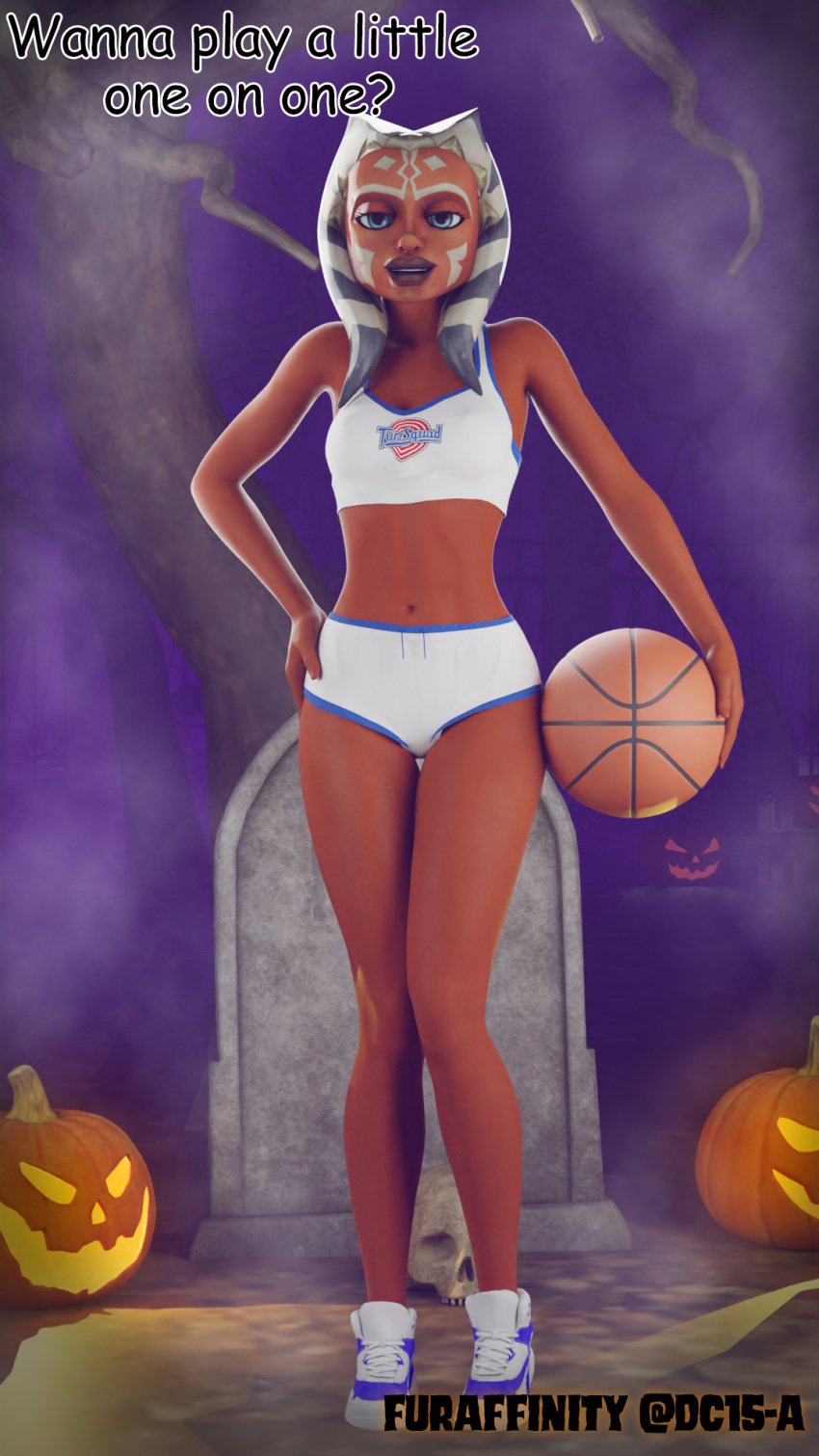 ahsoka_tano alien basketball basketball_(ball) basketball_uniform bedroom_eyes clone_wars costume dc15-a female female_only graveyard halloween halloween_2024 halloween_costume halloween_decoration halloween_theme jedi jedi_padawan lola_bunny lola_bunny_(cosplay) looking_at_viewer orange_body orange_skin pumpkin shorts solo solo_female space_jam standing star_wars star_wars:_the_clone_wars talking_to_viewer text togruta tunesquad