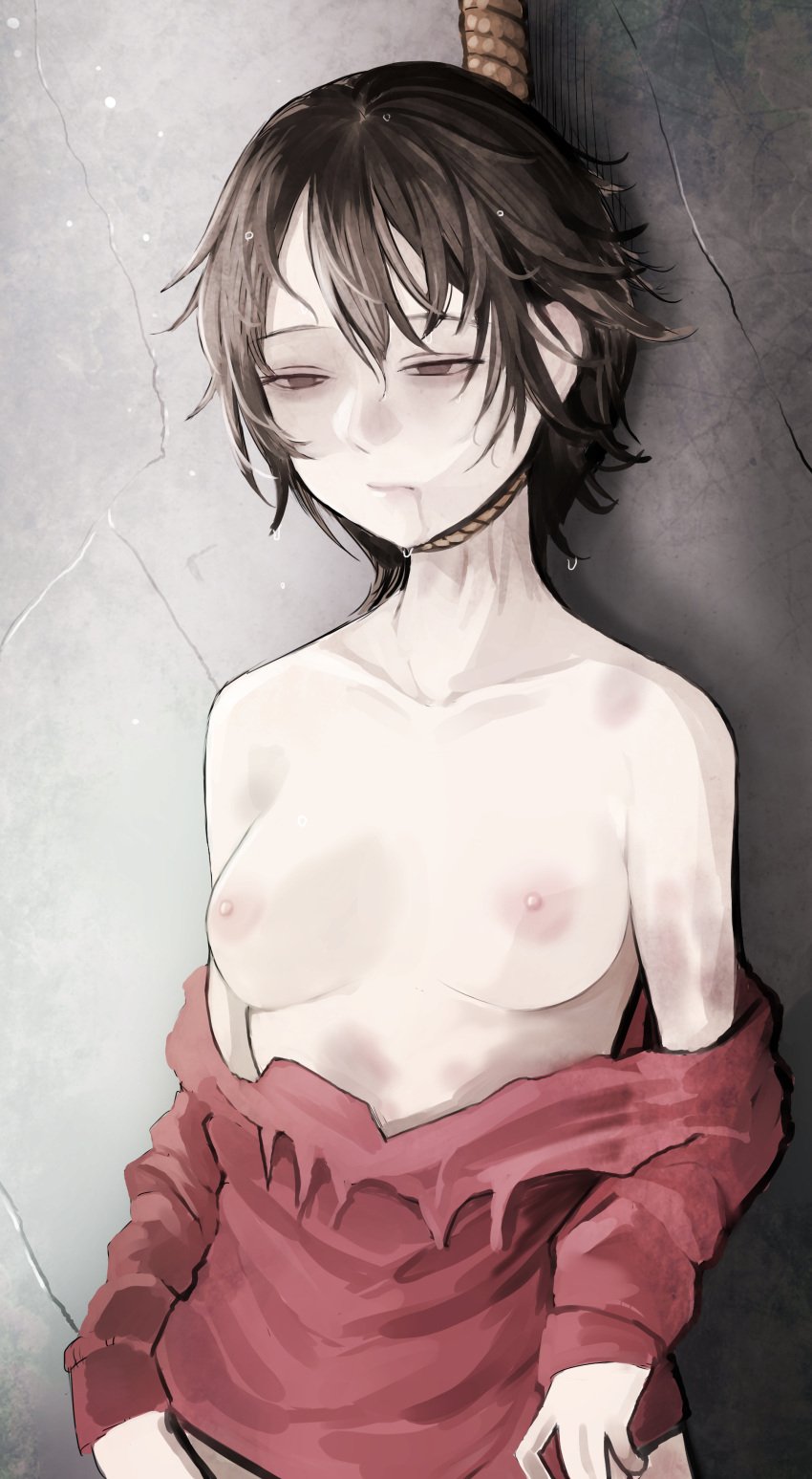 absurdres black_hair breasts brown_eyes bruise collarbone corpse death disorder! female female_death hair_between_eyes half-closed_eyes hanged highres injury long_sleeves medium_breasts nipples noose off_shoulder original red_sweater short_hair snuff solo suicide sweater torn_clothes