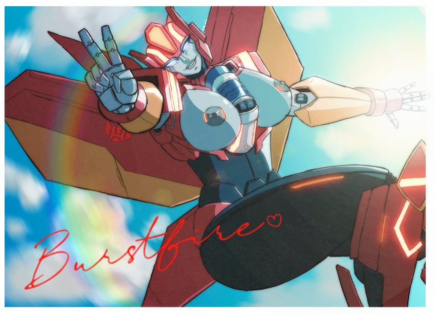 1girls big_breasts blue_eyes breasts fan_character mechanical_wings mechavee nipples oc peace_sign robot robot_girl robot_humanoid solo solo_female thick_thighs thighs transformers wings