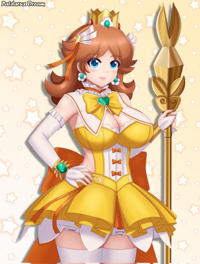 blue_eyes breasts brown_hair female jpeg mario_(series) nintendo patdarux princess_daisy solo