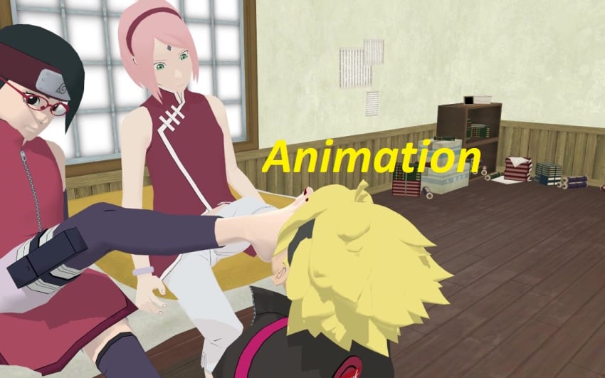 1boy 2girls boruto:_naruto_next_generations feet_fetish female foot_fetish human male mmd multiple_girls naruto_(series) sakura_haruno sarada_uchiha stomp stomping uzumaki_boruto