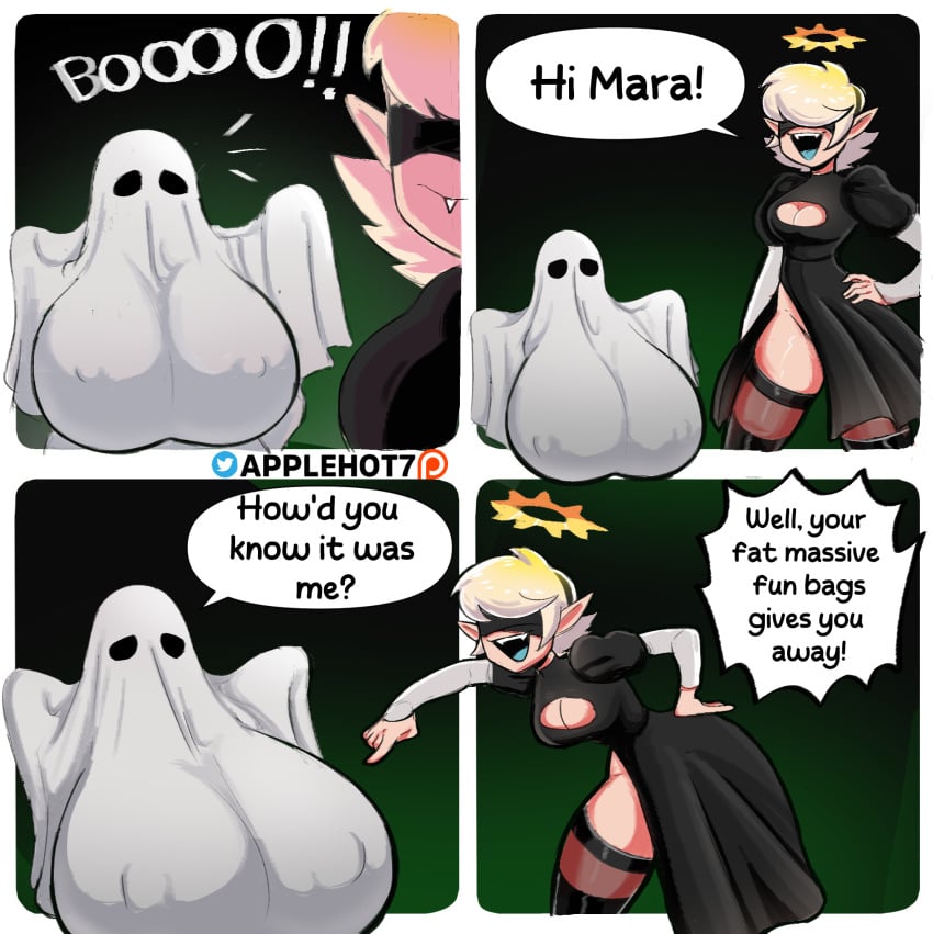 applehot bedsheet_ghost big_breasts big_nipples breasts comic comic_panel comic_strip ghost ghost_girl halloween humor humor_porn jane_(applehot) mara_&_jane mara_(applehot) nier nier:_automata short_hair white_hair yorha_2b