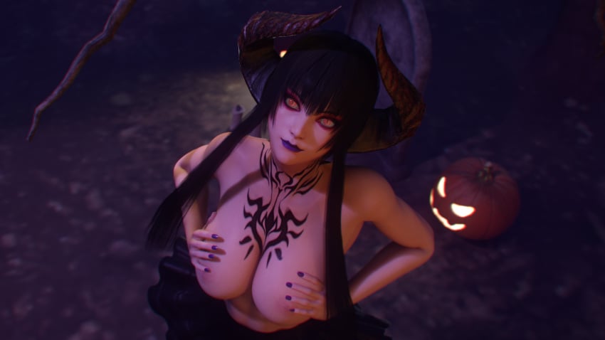 3d big_breasts black_hair boobs_out breasts breasts_out eliza_(tekken) female female_only half-dressed halloween orange_eyes pumpkin red_eyes vampire