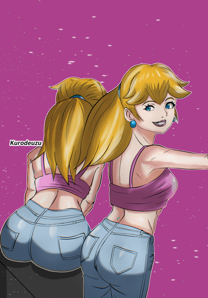 1girls ass big_ass blonde_hair fat_ass grin jeans kurodeuzu legs medium_breasts midriff nintendo pants pink_lipstick ponytail princess_peach sideboob smile thighs