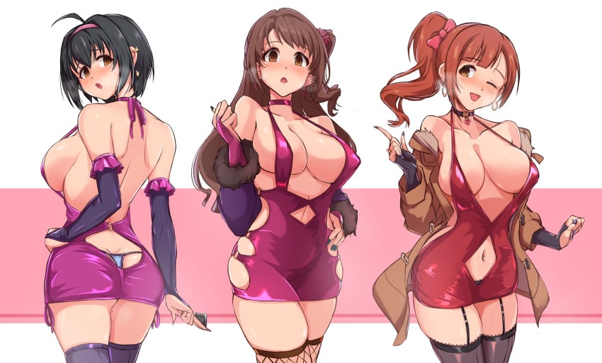 3girls :o ;d ahoge ass ass_cutout asymmetrical_bangs backless_dress backless_outfit bare_shoulders between_fingers black_hair black_legwear blush bodycon bow breasts bridal_gauntlets brown_coat brown_eyes brown_hair character_request choker cleavage clothing_cutout coat collarbone commentary_request condom covered_erect_nipples cowboy_shot dress ear_piercing earrings fingerless_gloves fingernails fishnet_legwear fishnets fur-trimmed_sleeves fur_trim garter_straps glint gloves green_nails hairband hairbow halter_dress halterneck hand_on_own_hip heart heart_collar heart_earrings heavy_breathing highres holding idolmaster idolmaster_cinderella_girls igarashi_kyoko index_finger_raised jewelry kohinata_miho large_breasts long_fingernails long_hair long_sleeves looking_at_viewer looking_back multiple_girls nail_polish naughty_face navel navel_cutout o-ring_dress off_shoulder one_eye_closed one_side_up open_clothes open_coat open_mouth orange_hair piercing pink_bow pink_check_school_(idolmaster) pink_choker pink_dress purple_dress purple_hairband purple_legwear purple_nails red_dress shimamura_uzuki short_hair side_ponytail sideboob skindentation sleeveless sleeveless_dress smile strap_gap take_your_pick thighhighs two-tone_background twogie zettai_ryouiki