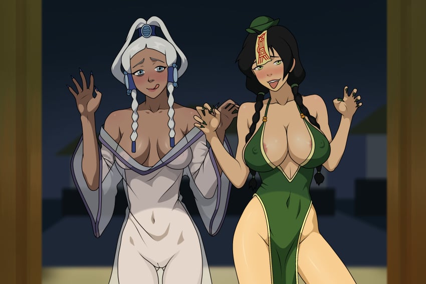 2girls alternate_version_available areola_slip avatar_legends avatar_the_last_airbender bare_shoulders claw_pose cleavage covered_navel covered_nipples earth_kingdom female ghost green_eyes halloween hands_up huge_breasts jiangshi jiangshi_costume jin_(avatar) long_fingernails munshin nickelodeon nicktoons pelvic_curtain see-through see-through_clothing sharp_fingernails sleeveless tongue_out trick_or_treat twintails water_tribe wide_sleeves yue