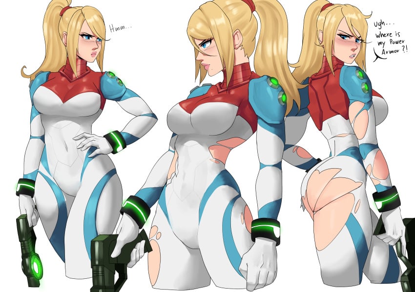 1girls ass big_breasts blonde_hair bubble_butt echosaber female female_focus female_only female_protagonist hourglass_figure large_breasts metroid metroid_dread multiple_views nintendo samus_aran sole_female solo torn_clothes zero_suit zero_suit_samus