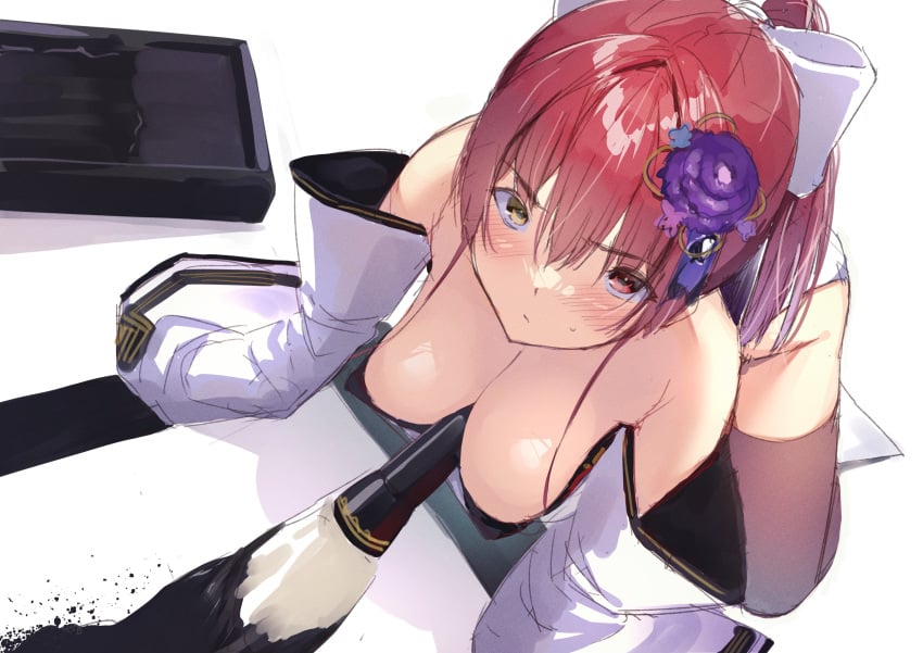 absurdres all_fours bare_shoulders between_breasts black_thighhighs blush breasts calligraphy_brush cleavage closed_mouth detached_sleeves dutch_angle female flower hair_flower hair_ornament hanging_breasts highres hololive houshou_marine koubou_(cowbow_kun) large_breasts long_hair long_sleeves looking_at_viewer paintbrush ponytail purple_flower red_eyes red_hair simple_background sleeves_past_fingers sleeves_past_wrists solo straight thighhighs virtual_youtuber white_background yellow_eyes