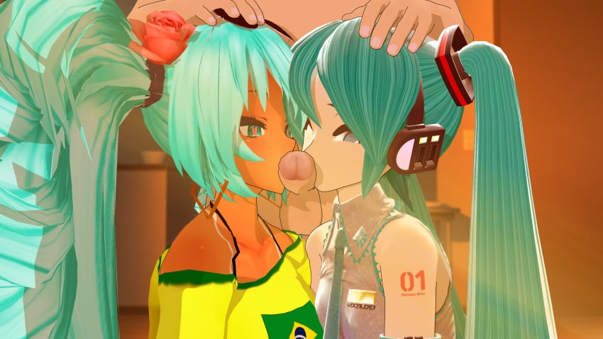 1girls 2girls 3d blowjob brazilian_miku double_fellatio fellatio hand_on_head hatsune_miku nobodyrly_(artist) sfm tagme vocaloid