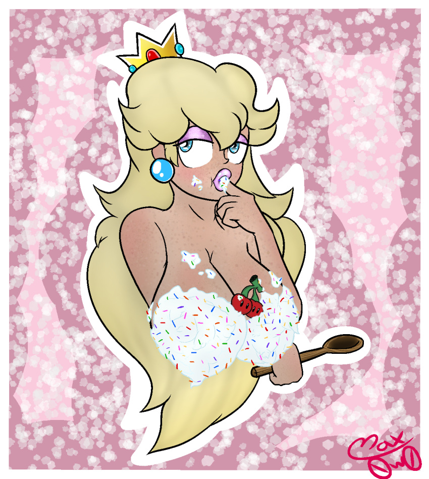 blonde_hair blue_eyes blush breasts cake cherry cleavage crown double_cherry ear_piercing eyeshadow fingers food glitter holding_breast horny huge_breasts icing lips lipstick mario_(series) max0w0 nintendo pink princess_peach small_nose sparkles spoon sprinkles sucking super_mario_3d_world