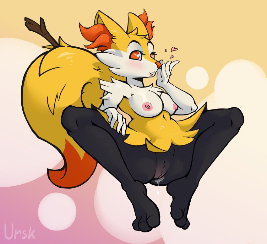 absurd_res anthro bodily_fluids braixen breasts female fire genital_fluids genitals hi_res nintendo nipples pinup pokémon_(species) pokemon pokemon_(species) pose pussy pussy_juice solo ursk video_games