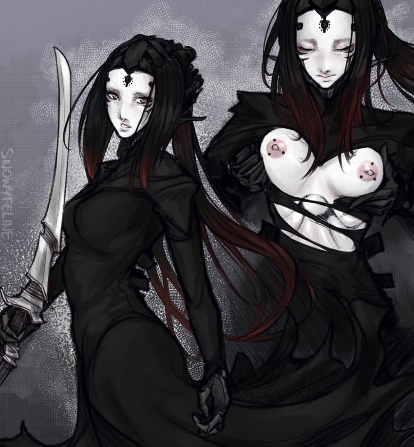 1girls areolae blame! breasts female female_only gray_background grid_background medium_breasts nipple_piercing nipples pcell_(blame!) piercing snowyfeline solo