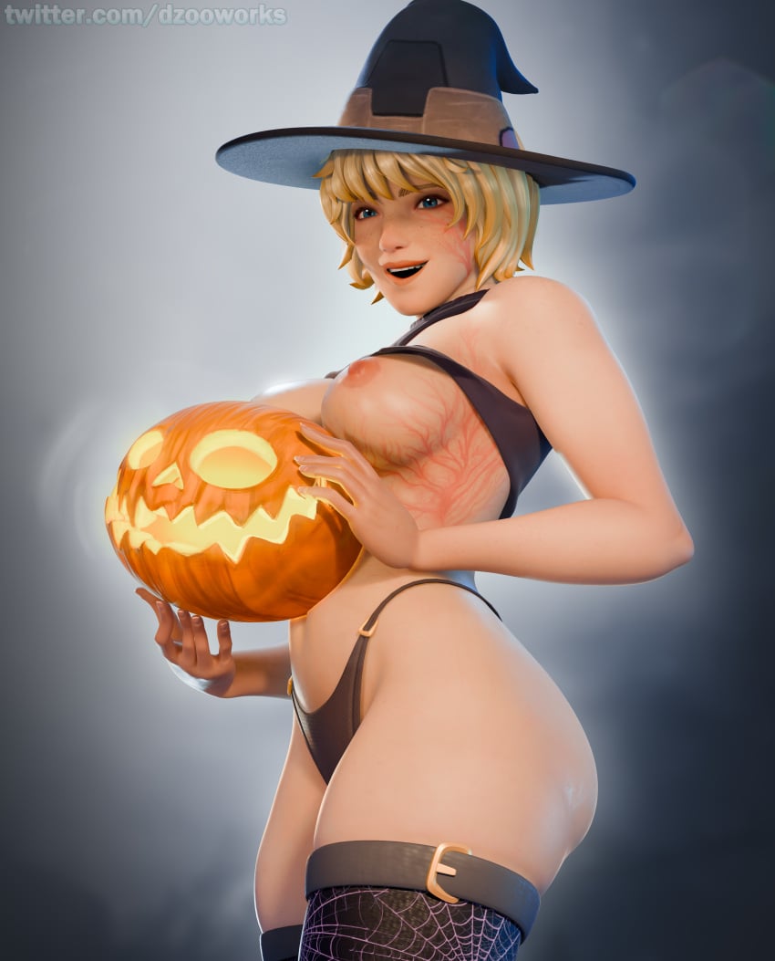 1girls 3d 4k absurd_res apex_legends blender blender_(software) blender_eevee blonde_hair blue_eyes breasts dzooworks female female_focus female_only halloween lichtenberg_figure pale-skinned_female partially_clothed pumpkin respawn_entertainment scars short_hair stockings thick_ass thick_thighs video_games watermark wattson_(apex_legends) wizard_hat