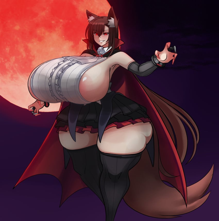 alphaerasure areola_slip areolae ass bangs breasts breasts_bigger_than_head brown_hair cape fox_ears fox_tail huge_breasts long_hair looking_at_viewer morgana_(alphaerasure) original_character red_eyes sideboob skirt smile thick_thighs thighhighs thighs