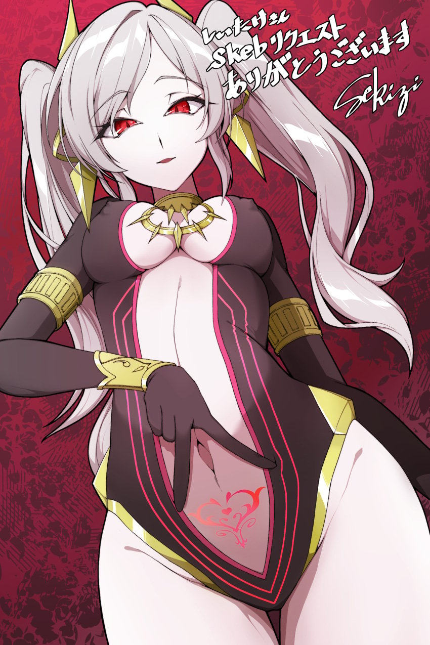 1girls fire_emblem fire_emblem_awakening fire_emblem_heroes from_below grey_hair grima_(fire_emblem) hitomimi_33 looking_at_viewer looking_down medium_breasts nipples_visible_through_clothing pubic_tattoo red_eyes robin_(female)_(fell_tactician)_(fire_emblem) robin_(fire_emblem) robin_(fire_emblem)_(female) skeb_commission tattoo thighs twintails