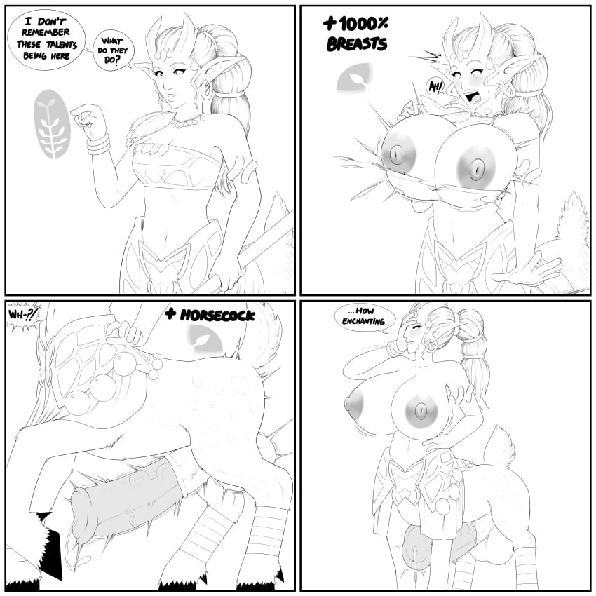 1futa 1girls aiushtha_the_enchantress animal_genitalia areolae balls big_breasts big_nipples big_penis breast_expansion breasts clothed clothing comic cum_leaking deer_taur dialogue dota_2 elf_ears english_text erection female functionally_nude fur futanari futanari_transformation gameplay_mechanics horns horsecock huge_balls huge_cock huge_nipples monochrome mostly_nude nipples nude nude_futanari partially_clothed penis penis_growth pointy_ears precum redboard solo standing taur testicles text transformation