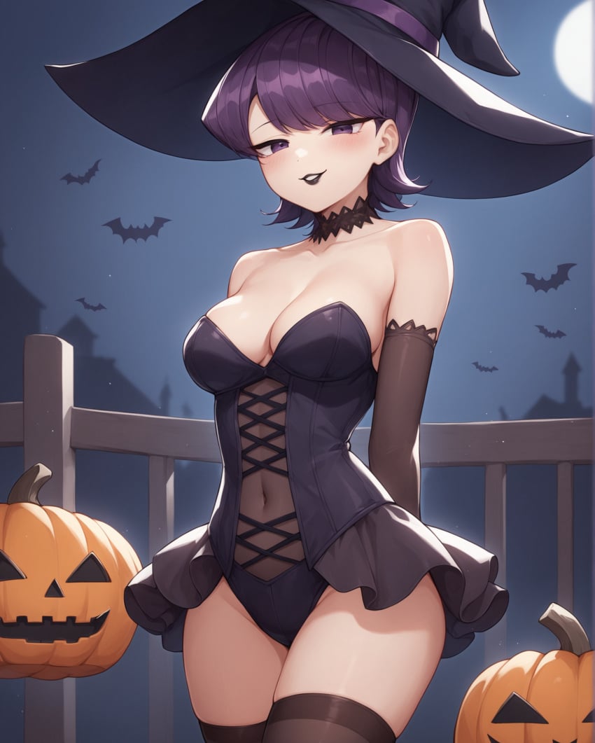 1girls ai_generated black_lipstick blush breasts choker cleavage covered_navel elbow_gloves female frills halloween hands_behind_back jack-o'-lantern komi-san_wa_komyushou_desu komi_shuuko lace_choker leotard lipstick looking_at_viewer milf moon night notreallyhere parted_lips pumpkin purple_eyes purple_hair short_hair smile solo standing thighhighs thighs witch witch_costume witch_hat